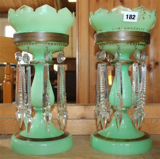 Pair Victoria green glass table lustres
